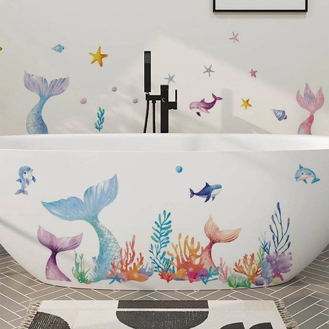 Adhesivos de Pared de Océano con Cola de Sirena en Acuarela para Habitación Infantil Baño DIY PVC Removible Algas Coral Delfín Murales