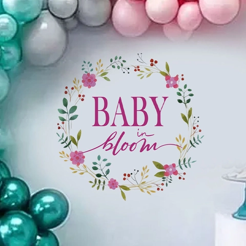 Baby In Bloom Wall Sticker Floral Wreath PVC Removable Decal For Nursery Baby Shower Living Room Bedroom Home Decor