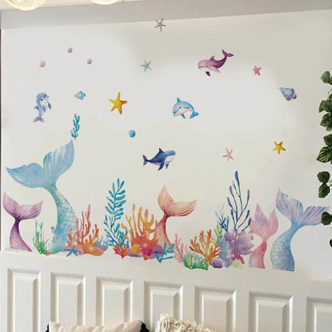 Adhesivos de Pared de Océano con Cola de Sirena en Acuarela para Habitación Infantil Baño DIY PVC Removible Algas Coral Delfín Murales