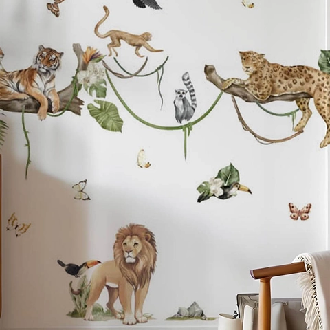 Dschungeltiere Wandtattoos Löwe Tiger Leopard Reben Aufkleber Für Kinderzimmer Schlafzimmer Babyzimmer Aquarell Safari Heimdekor