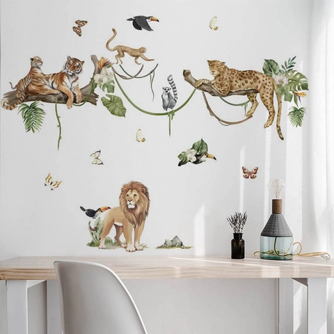 Dschungeltiere Wandtattoos Löwe Tiger Leopard Reben Aufkleber Für Kinderzimmer Schlafzimmer Babyzimmer Aquarell Safari Heimdekor