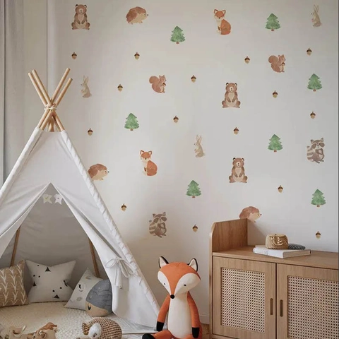 Watercolor Forest Animals Wall Stickers For Kids Nursery Bedroom PVC Removable Squirrel Bear Fox Pine Cone Home Decor Wall Decals
