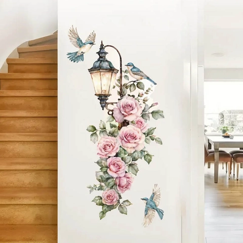 Pegatina de Pared Farola Rosa Acuarela Pintada a Mano Pájaro Azul PVC Calcomanía de Pared Removible Autoadhesiva Para Decoración de Dormitorio