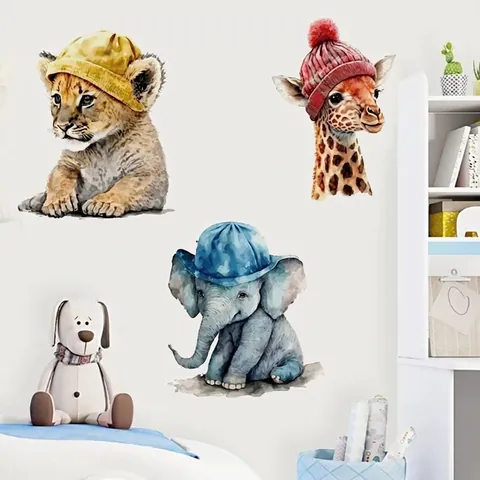 Pegatinas de Pared de Animales de Dibujos Animados Acuarela PVC Removibles León Jirafa Elefante para Dormitorio Infantil