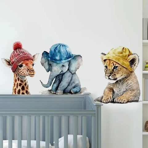 Pegatinas de Pared de Animales de Dibujos Animados Acuarela PVC Removibles León Jirafa Elefante para Dormitorio Infantil