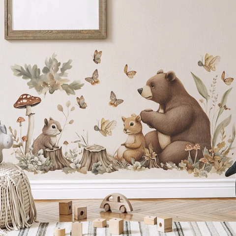 Pegatinas de Pared de Animales del Bosque Acuarela Oso Pardo Ardilla Calcomanías de PVC Autoadhesivas para Decoración de Habitación Infantil