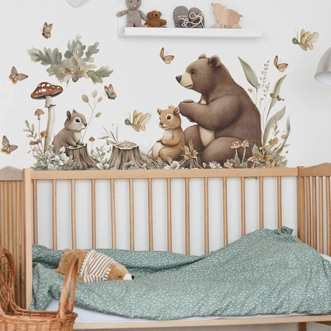 Pegatinas de Pared de Animales del Bosque Acuarela Oso Pardo Ardilla Calcomanías de PVC Autoadhesivas para Decoración de Habitación Infantil