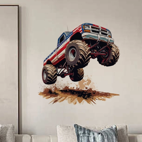 Adesivo da Parete 3D Monster Truck Effetto Muro Rotto Bandiera Americana Decalcomania in PVC Removibile per Camera Bambini Soggiorno
