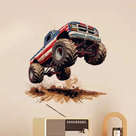 Adesivo da Parete 3D Monster Truck Effetto Muro Rotto Bandiera Americana Decalcomania in PVC Removibile per Camera Bambini Soggiorno
