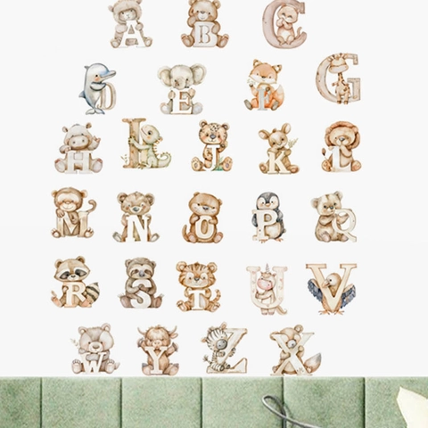 Pegatina de Pared de Alfabeto de Animales de Dibujos Animados de Acuarela Calcomanías de Letras Educativas de PVC para Habitación Niños