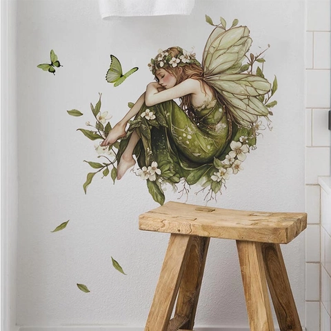Green Butterfly Flower Fairy Wall Sticker PVC Self-Adhesive Removable Decorative Decal For Bedroom Living Room Bathroom