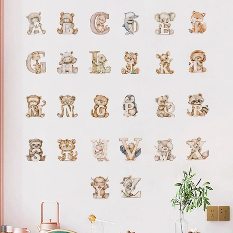 Pegatina de Pared de Alfabeto de Animales de Dibujos Animados de Acuarela Calcomanías de Letras Educativas de PVC para Habitación Niños