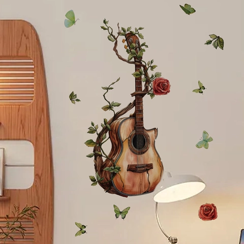 Adesivo da Parete Chitarra Artistica Con Rose Rampicanti Farfalle PVC Rimovibile Autoadesivo Decoro Strumento Musicale Casa