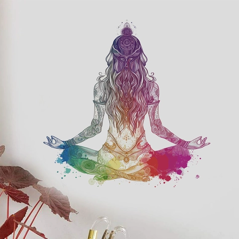 Regenbogen Aquarell Yoga Meditation Mädchen Wandaufkleber Mandala Silhouette Wasserdicht PVC Wandtattoo Haus Dekoration