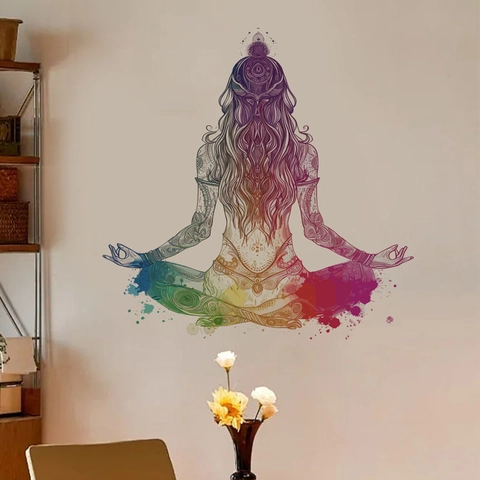 Regenbogen Aquarell Yoga Meditation Mädchen Wandaufkleber Mandala Silhouette Wasserdicht PVC Wandtattoo Haus Dekoration