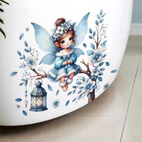 Blauwe Fee Muursticker Bloementak Waterdicht Verwijderbaar PVC Decoratie Voor Kinderkamer Woonkamer Huis Decor