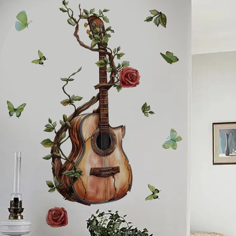 Adesivo da Parete Chitarra Artistica Con Rose Rampicanti Farfalle PVC Rimovibile Autoadesivo Decoro Strumento Musicale Casa