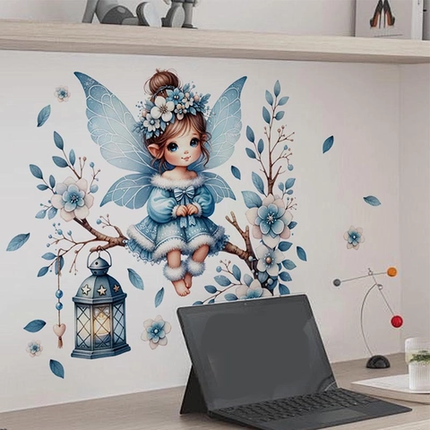 Blauwe Fee Muursticker Bloementak Waterdicht Verwijderbaar PVC Decoratie Voor Kinderkamer Woonkamer Huis Decor