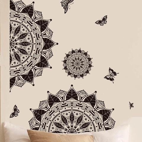 Adesivi Murali Mandala Neri Bohemian Con Farfalla Decalcomanie Murali in PVC Autoadesive Rimovibili Per Soggiorno Camera Da Letto