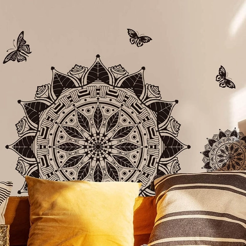 Adesivi Murali Mandala Neri Bohemian Con Farfalla Decalcomanie Murali in PVC Autoadesive Rimovibili Per Soggiorno Camera Da Letto