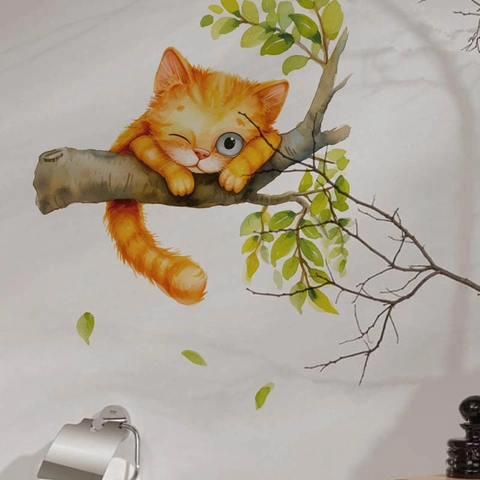 Schattige Aquarel Oranje Kat Boomtak Muursticker PVC Waterdicht Verwijderbaar Decal Voor Woonkamer Slaapkamer Decoratie