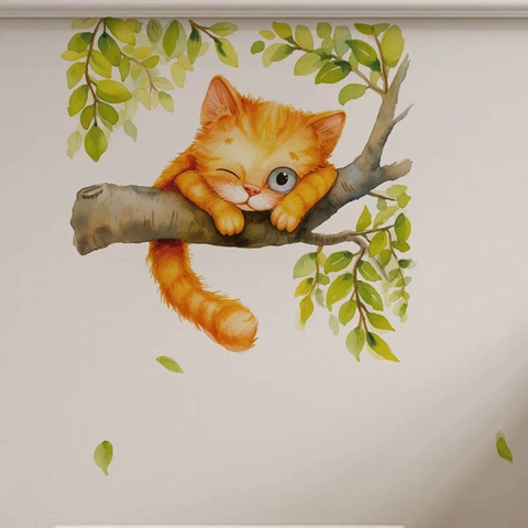 Schattige Aquarel Oranje Kat Boomtak Muursticker PVC Waterdicht Verwijderbaar Decal Voor Woonkamer Slaapkamer Decoratie