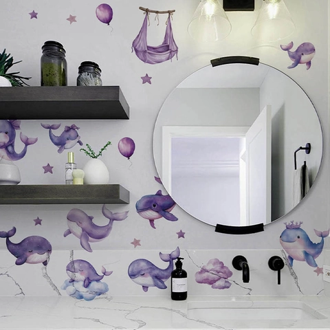 Watercolor Purple Whale Wall Stickers PVC Self Adhesive Removable Decals For Kids Nursery Bedroom Living Room Stars Clouds Decor