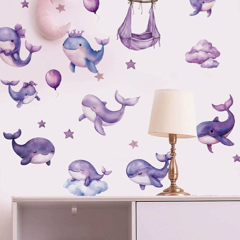 Watercolor Purple Whale Wall Stickers PVC Self Adhesive Removable Decals For Kids Nursery Bedroom Living Room Stars Clouds Decor