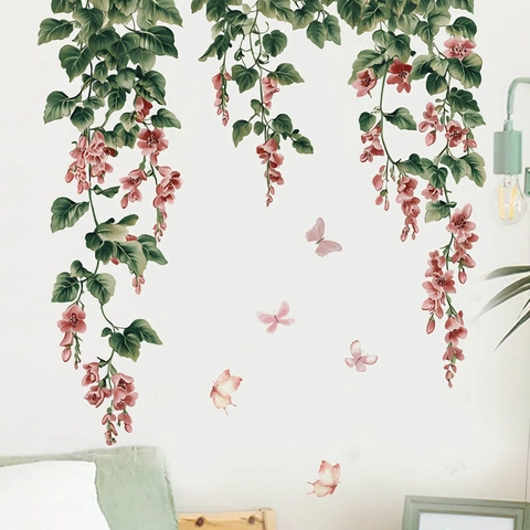 Rosa Blumen Hängende Reben Schmetterlinge Wandaufkleber Abnehmbare PVC Aufkleber Für Schlafzimmer Wohnzimmer Wohnkultur