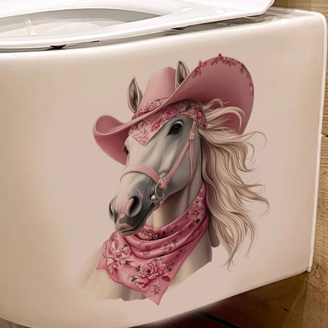 Adhesivo de Pared de Caballo Blanco con Sombrero de Vaquero Rosa Impermeable Removible PVC Calcomanía para Sala de Estar