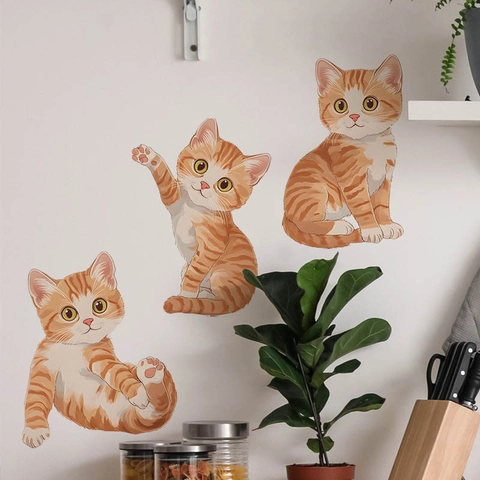Simpatici Adesivi Murali Gatto Arancione Rimovibili in PVC Autoadesivi Cartone Animato Gattino per Camera da Letto