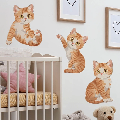 Simpatici Adesivi Murali Gatto Arancione Rimovibili in PVC Autoadesivi Cartone Animato Gattino per Camera da Letto