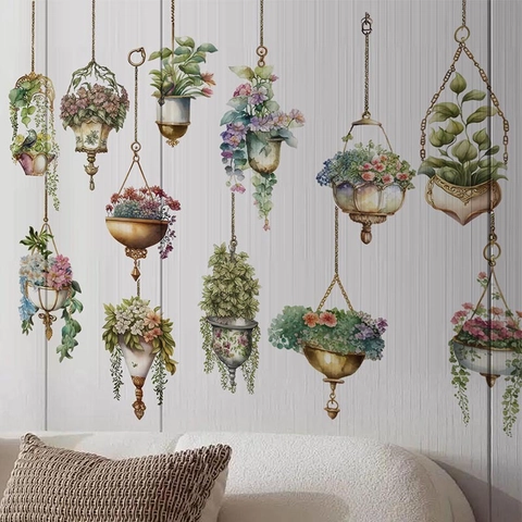 Adesivi Murali Floreali Piante Pensili Acquerello PVC Autoadesivi Removibili Decor per Soggiorno Camera da Letto Ingresso