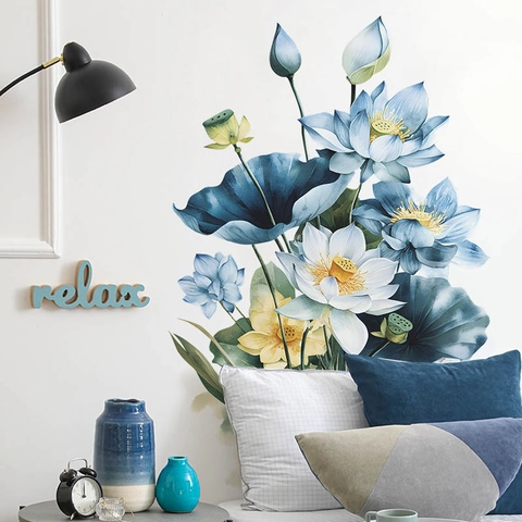 Blue Lotus Wall Sticker Large Watercolor Flower Wall Decals PVC Self Adhesive Mural For Living Room Bedroom Home Decor