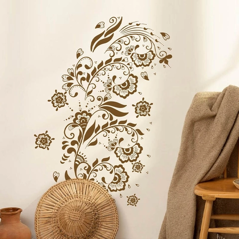 Adesivo da Parete Floreale Marrone Vintage PVC Autoadesivo Rimovibile Mandala Vite Decalcomania per Soggiorno Camera da Letto Casa