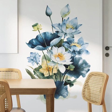 Blue Lotus Wall Sticker Large Watercolor Flower Wall Decals PVC Self Adhesive Mural For Living Room Bedroom Home Decor
