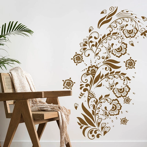 Adesivo da Parete Floreale Marrone Vintage PVC Autoadesivo Rimovibile Mandala Vite Decalcomania per Soggiorno Camera da Letto Casa