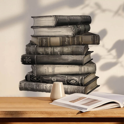 Adesivo da Parete Vintage Pila di Libri Impermeabile Rimovibile in PVC Decalcomania d'Arte per Casa Ufficio Studio Parete