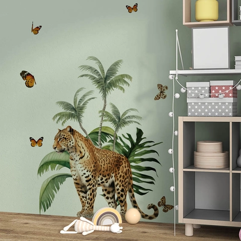 Tropische Luipaard Palmboom Vlinder Muursticker Aquarel Jungle Blad PVC Verwijderbare Sticker Voor Woonkamer Slaapkamer Decor