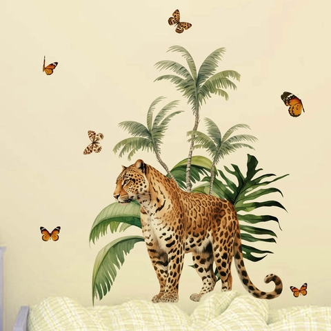 Tropische Luipaard Palmboom Vlinder Muursticker Aquarel Jungle Blad PVC Verwijderbare Sticker Voor Woonkamer Slaapkamer Decor