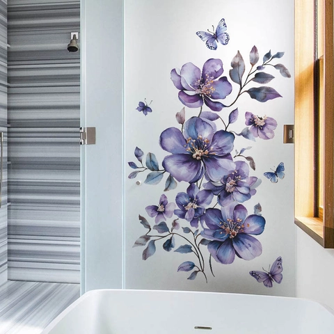Adesivo da Parete a Forma di Fiore Viola e Farfalla Acquerello PVC Removibile Impermeabile Murale per Camera da Letto Soggiorno Bagno Parete