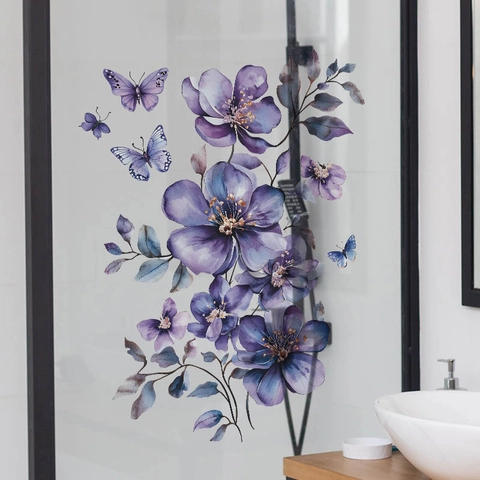 Adesivo da Parete a Forma di Fiore Viola e Farfalla Acquerello PVC Removibile Impermeabile Murale per Camera da Letto Soggiorno Bagno Parete