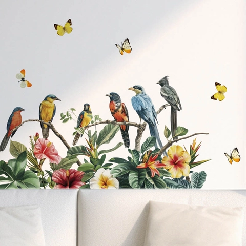 Adesivi Murali Uccelli Fiori Farfalle PVC Removibile Piante Tropicali Decalcomanie da Parete per Soggiorno Camera da Letto Casa