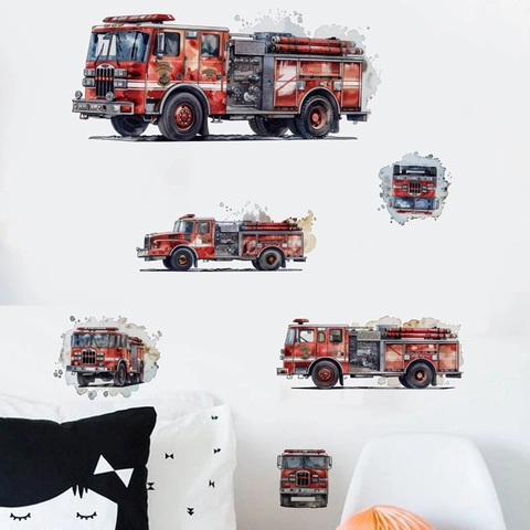 Acuarela Camión de Bomberos Pegatinas de Pared Para Habitación Niños Removible PVC Rojo Vehículos de Bomberos Calcomanías Decoración