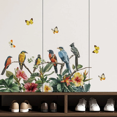 Adesivi Murali Uccelli Fiori Farfalle PVC Removibile Piante Tropicali Decalcomanie da Parete per Soggiorno Camera da Letto Casa