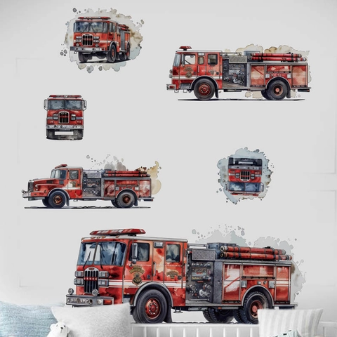Acuarela Camión de Bomberos Pegatinas de Pared Para Habitación Niños Removible PVC Rojo Vehículos de Bomberos Calcomanías Decoración