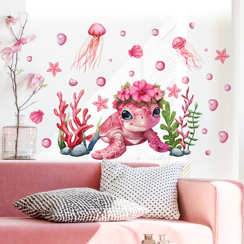 Cartoon Pink Sea Turtle Sea Creatures Wall Stickers Removable PVC Decals For Kids Room Nursery Bedroom Home Decor