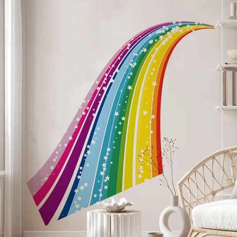 Sticker Mural Arc-en-ciel Étoiles en PVC Amovible Grand Mural Autocollant Coloré pour Chambre d'Enfant Salon Décoration de Maison