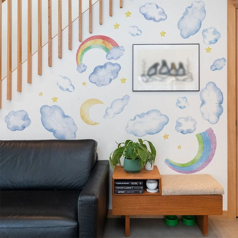 Aquarell Wolke Regenbogen Wandtattoo Abnehmbare PVC Aufkleber Für Kinderzimmer Schlafzimmer Zuhause Deko Minimalistische Wandkunst