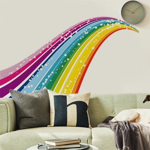 Sticker Mural Arc-en-ciel Étoiles en PVC Amovible Grand Mural Autocollant Coloré pour Chambre d'Enfant Salon Décoration de Maison